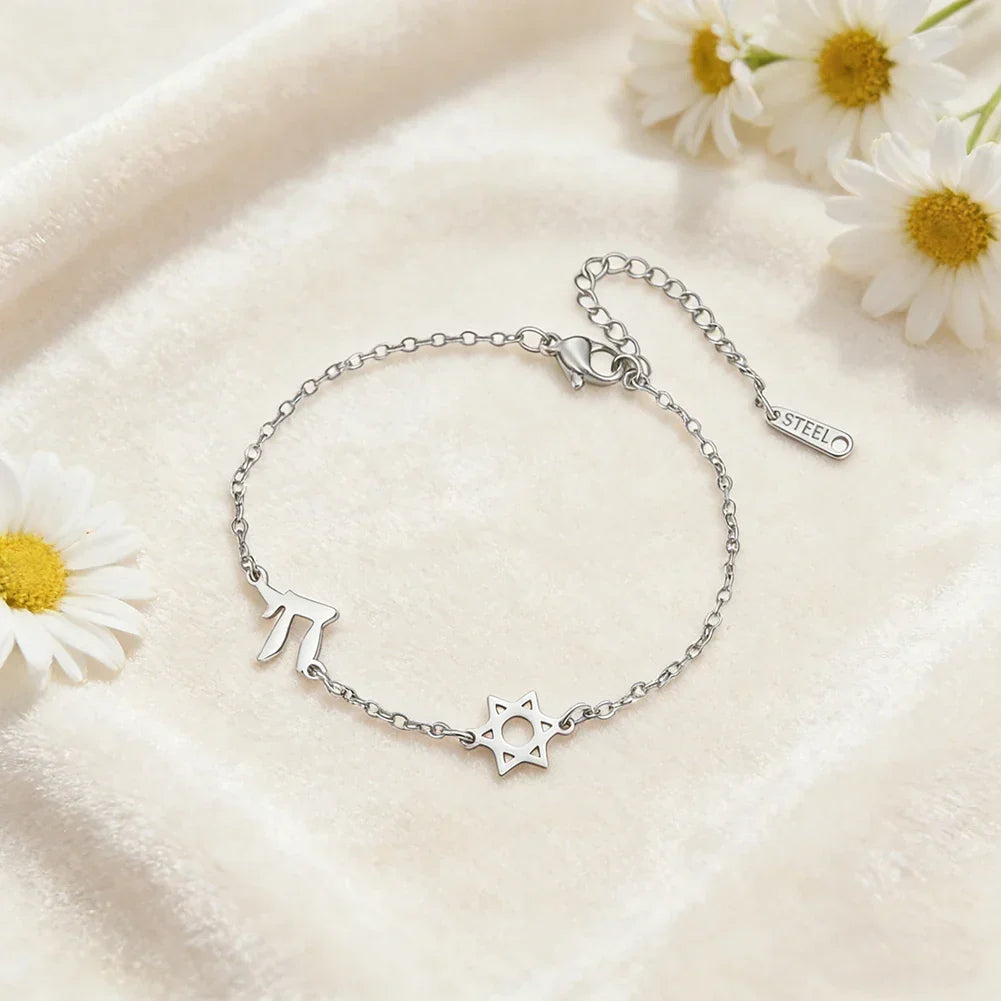 Adjustable bracelet with the Star of David and Chai symbols of Jewish belonging silver