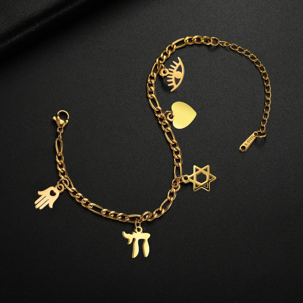 Adjustable bracelet with gold Jewish protection pendants