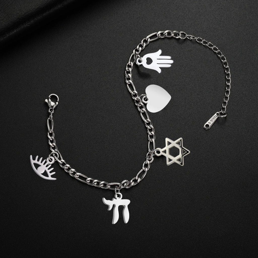 Adjustable bracelet with silver Jewish protection pendants