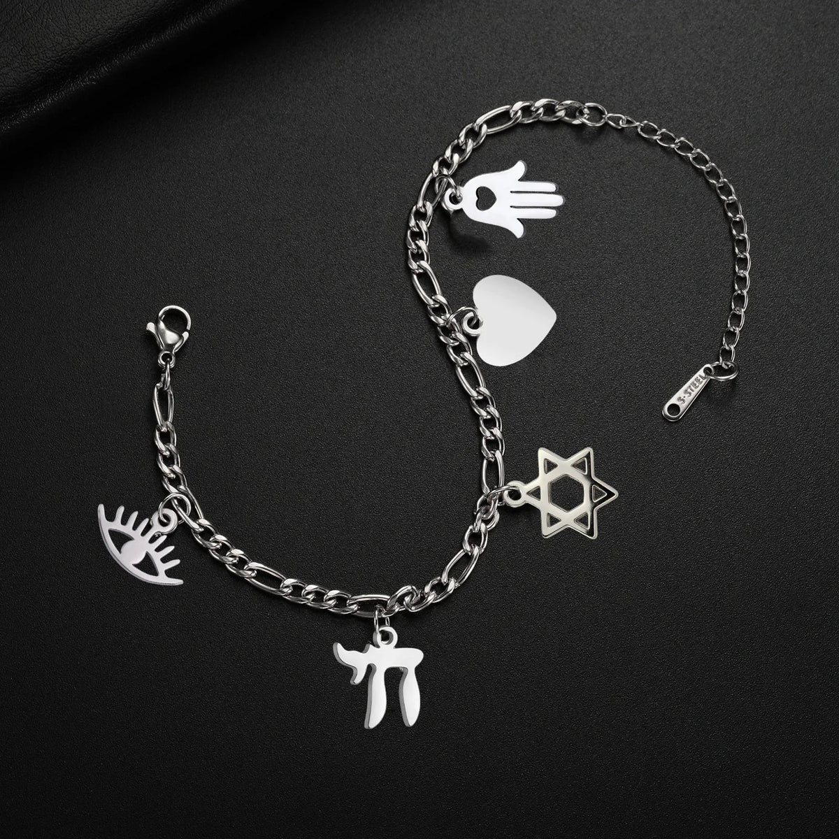Adjustable bracelet with silver Jewish protection pendants