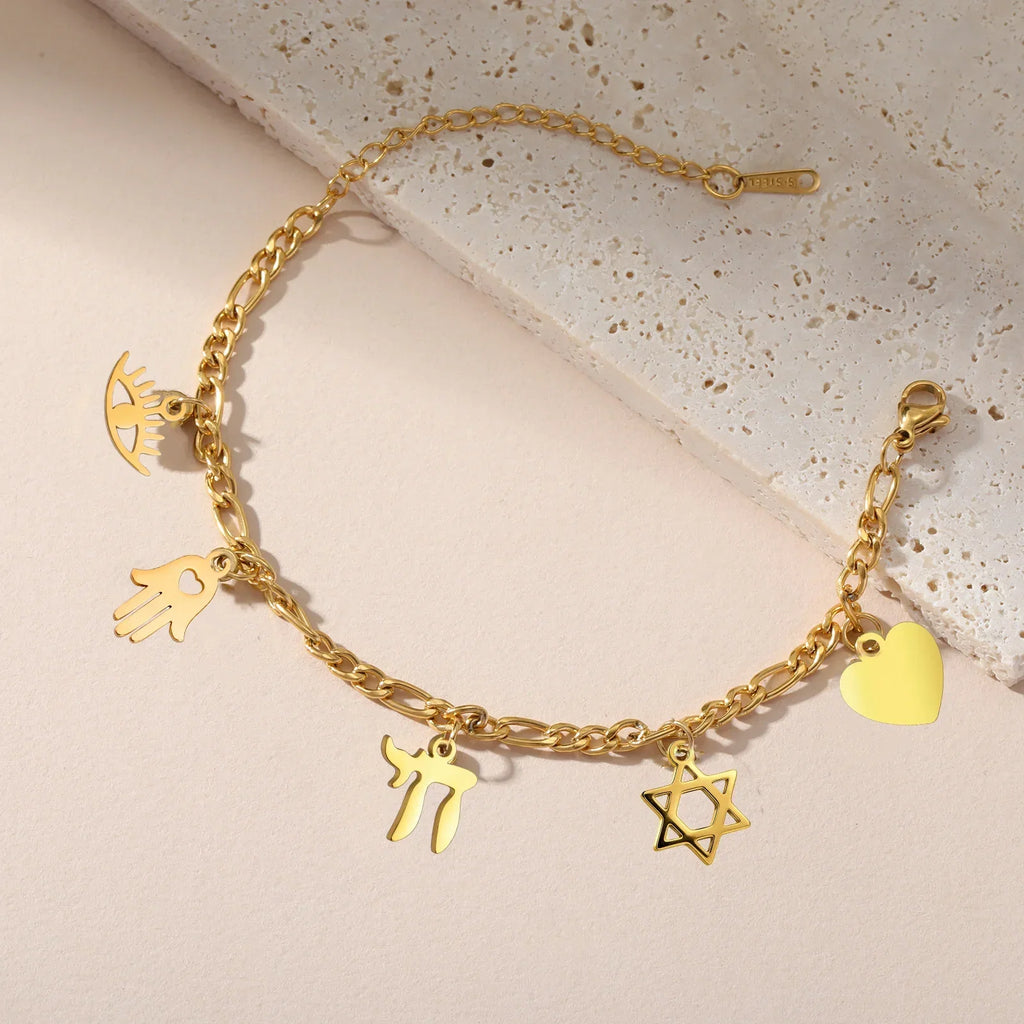 Adjustable bracelet with gold Jewish protection pendants