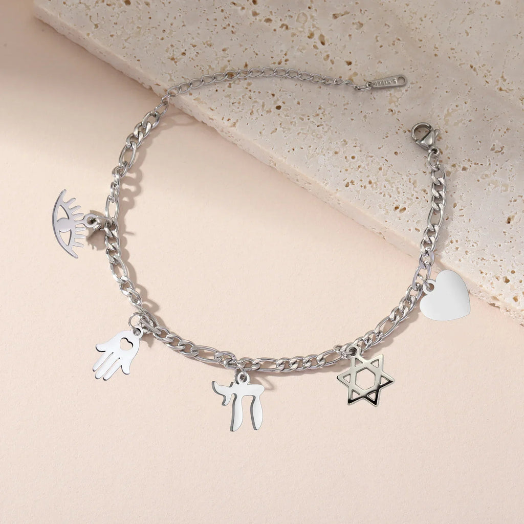 Adjustable bracelet with silver Jewish protection pendants