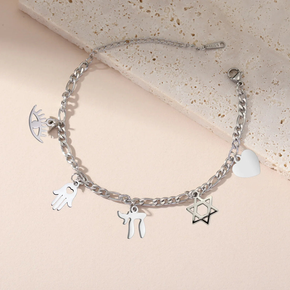 Adjustable bracelet with silver Jewish protection pendants