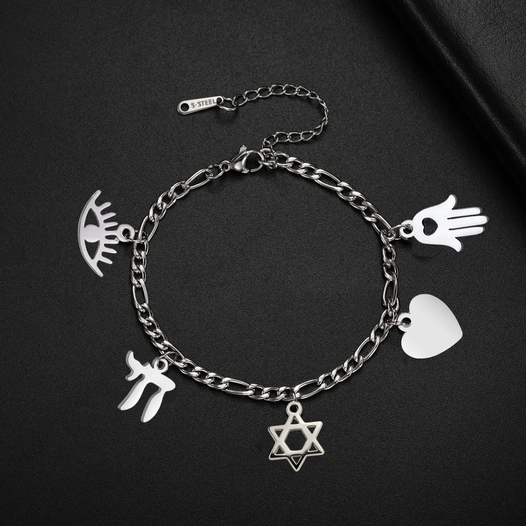 Adjustable bracelet with silver Jewish protection pendants