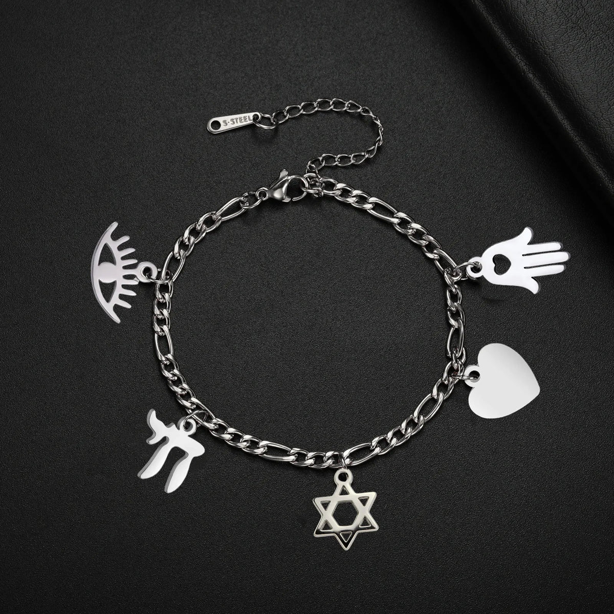Adjustable bracelet with silver Jewish protection pendants