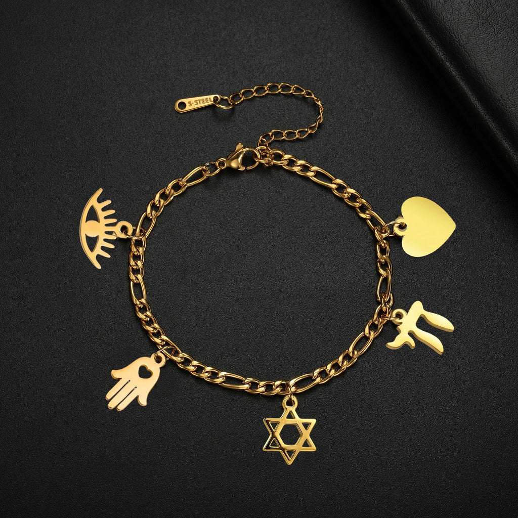 Adjustable bracelet with gold Jewish protection pendants