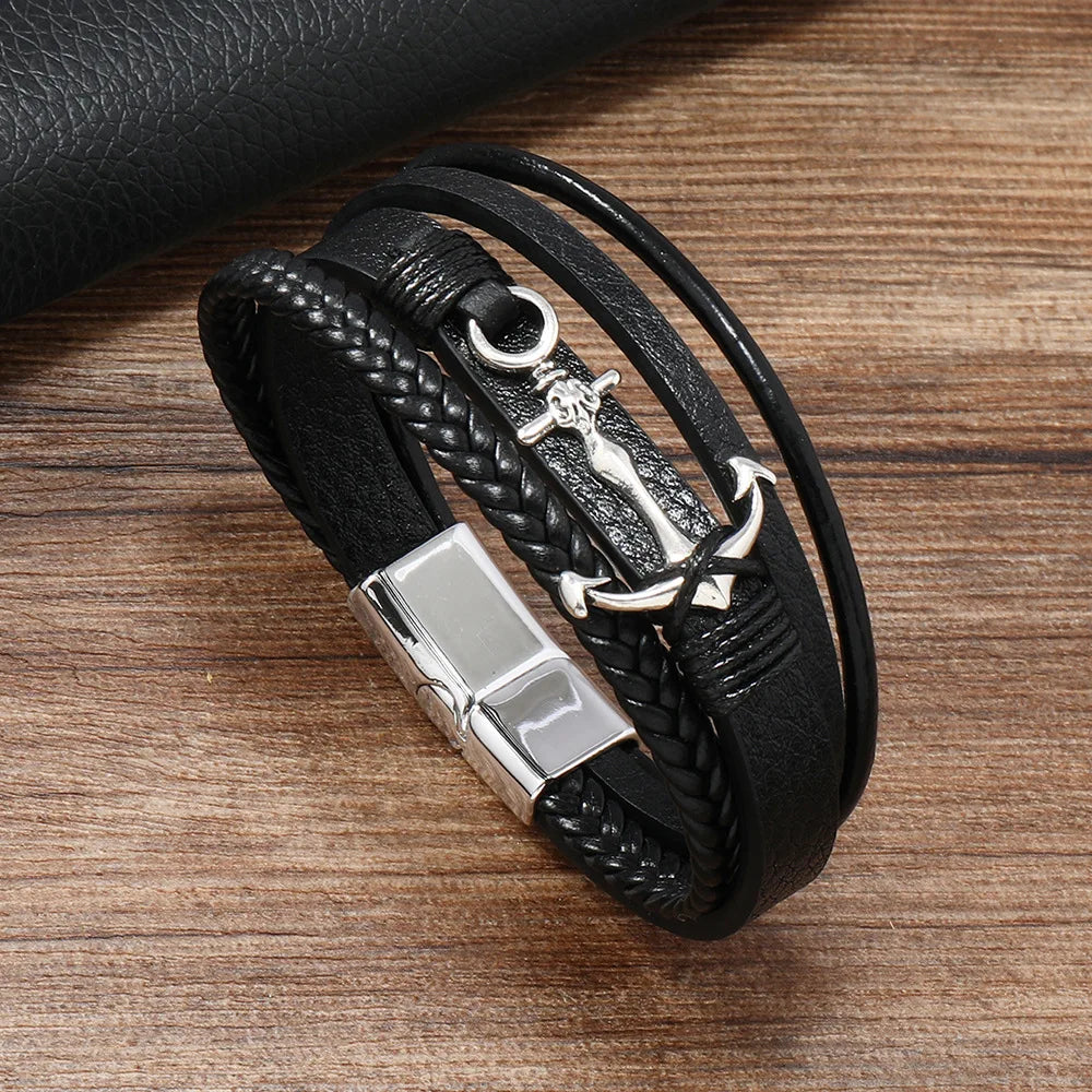 Wide black anchor bracelet