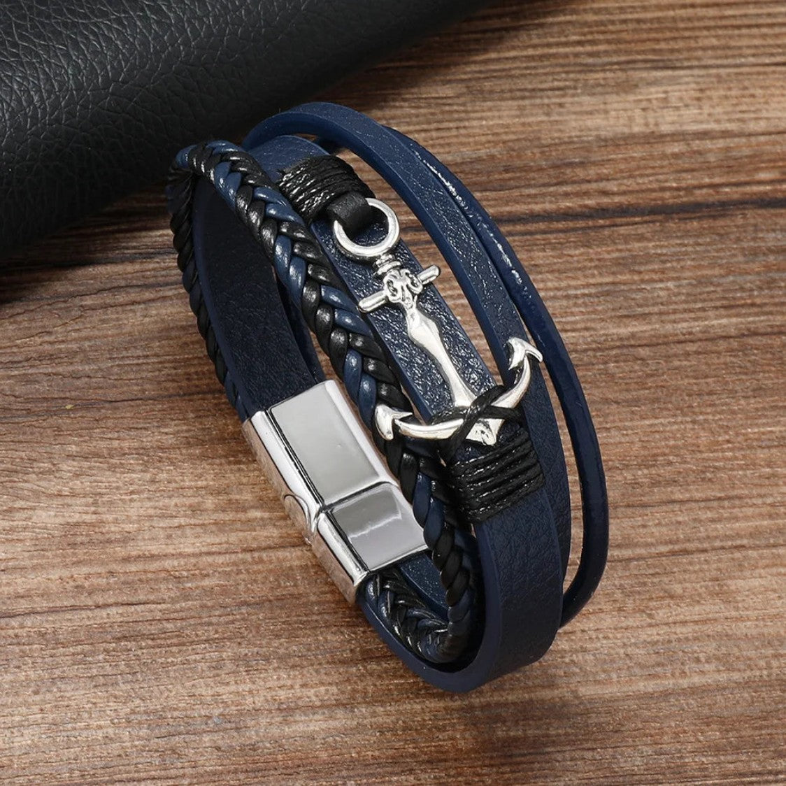 Blue leather anchor bracelet