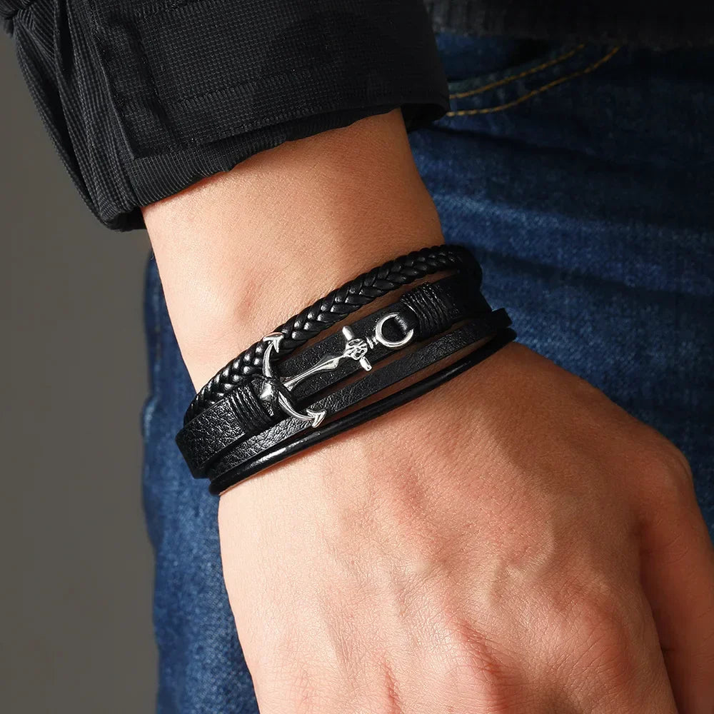 Wide black anchor bracelet