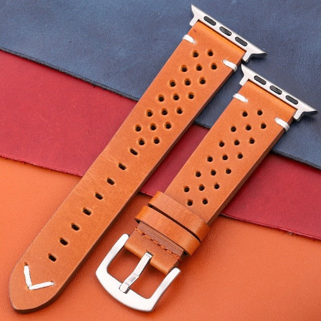 Apple Watch Genuine Leather Strap Light Brown and Silver