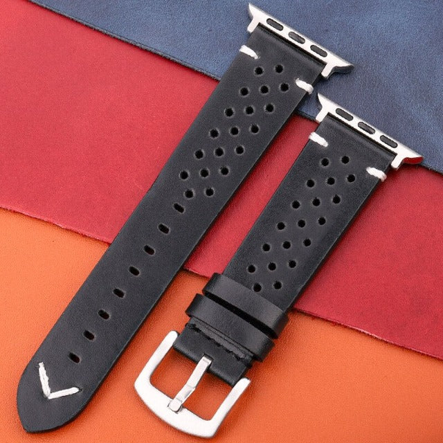 Apple Watch Genuine Leather Strap Black and Silver