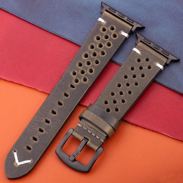 Apple Watch Genuine Leather Strap Khaki Green and Black