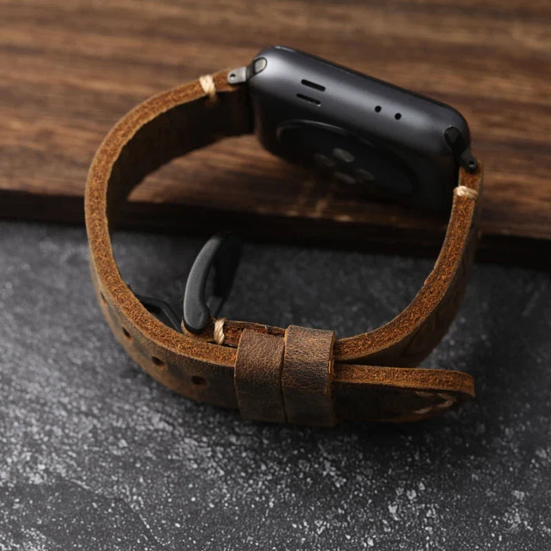 Apple Watch Men's Thick Genuine Black Leather Strap
