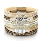 Beige Leather Life Tree Chain Bracelet