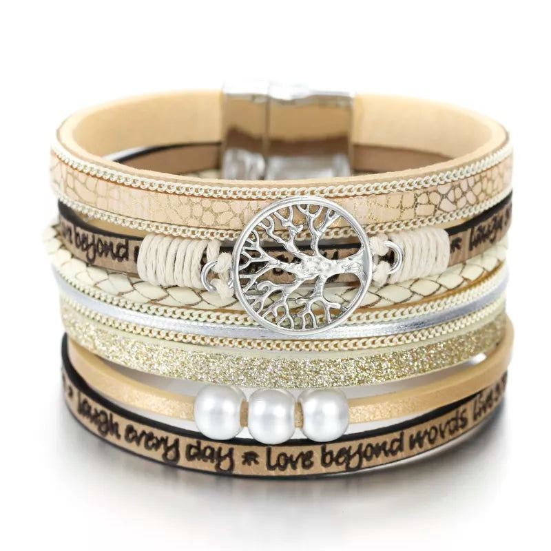 Beige Leather Life Tree Chain Bracelet