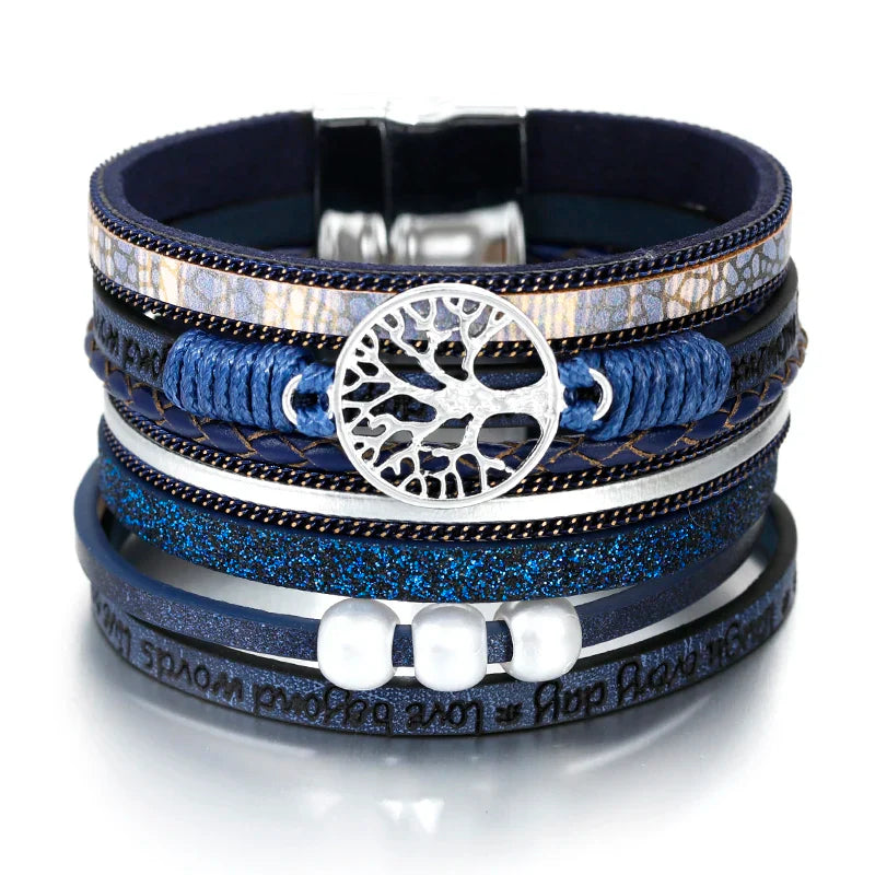 Blue Leather Life Tree Chain Bracelet
