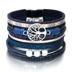 Blue Leather Life Tree Chain Bracelet