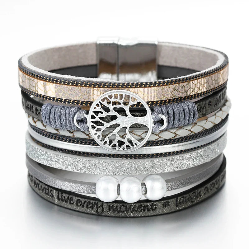 Gray Leather Life Tree Chain Bracelet