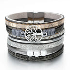 Gray Leather Life Tree Chain Bracelet