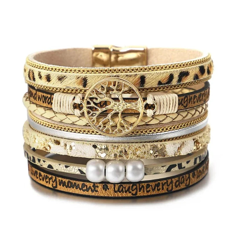 Leopard Leather Life Tree Chain Bracelet