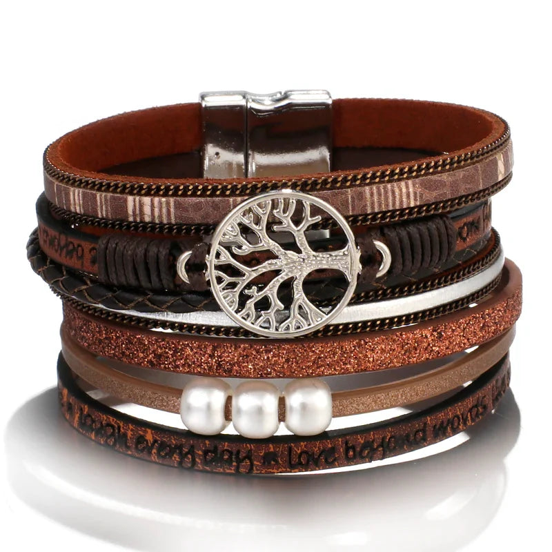 Brown Leather Life Tree Chain Bracelet