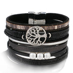 Black Leather Life Tree Chain Bracelet