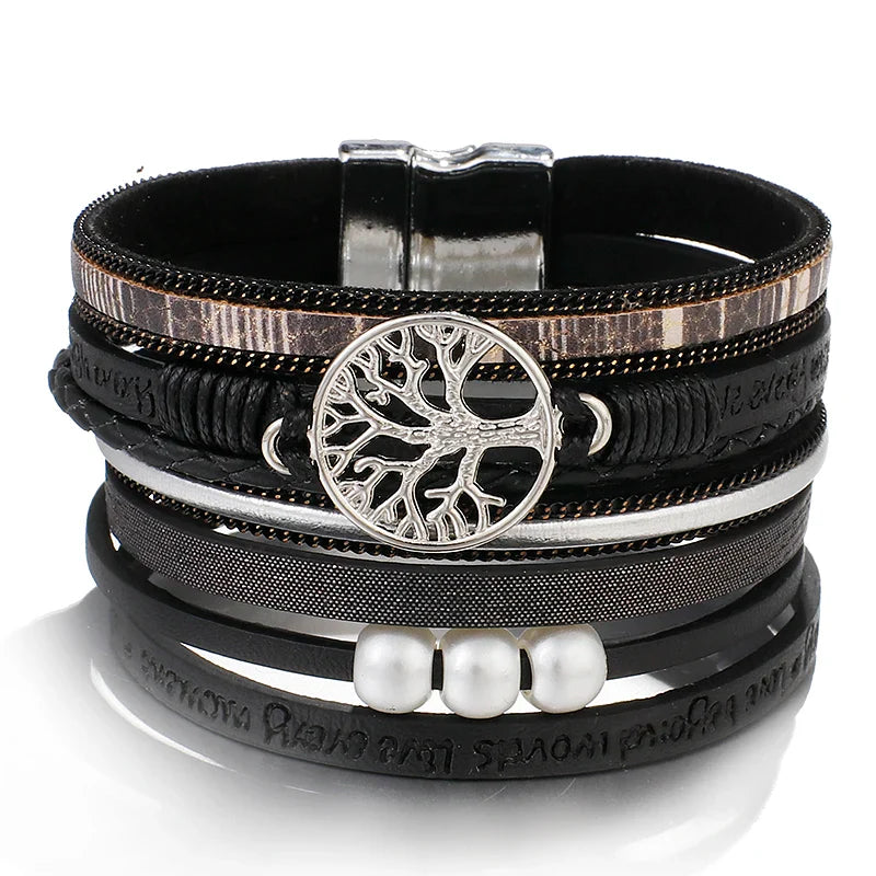 Black Leather Life Tree Chain Bracelet