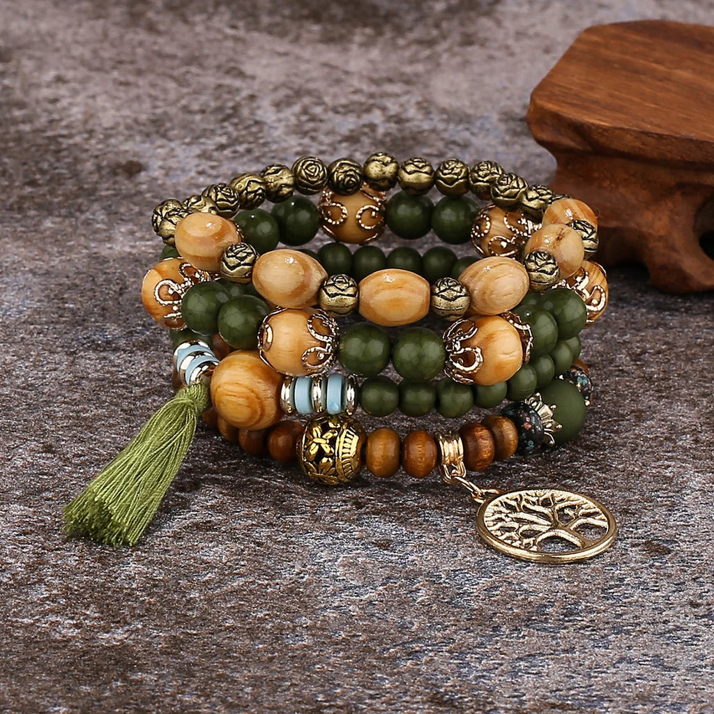 Life Tree Bracelet Women's ID Bracelet Green Beads