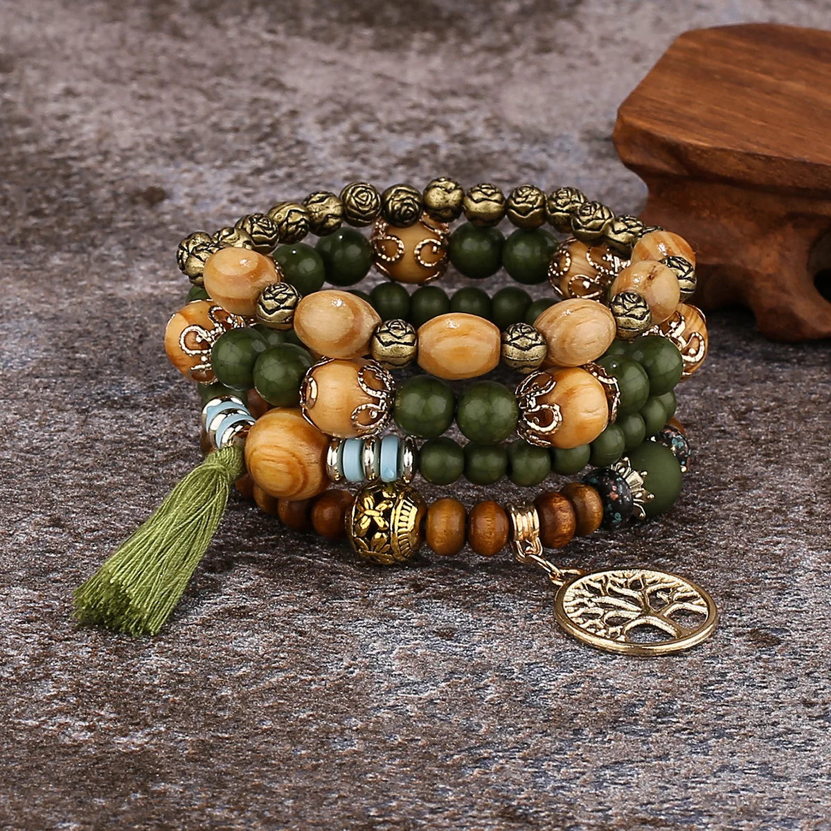 Life Tree Bracelet Women's ID Bracelet Green Beads