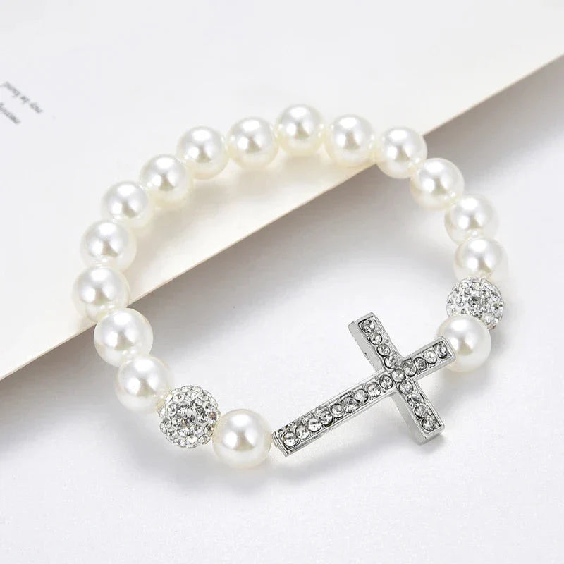 Bracelet with White Beads and Cross