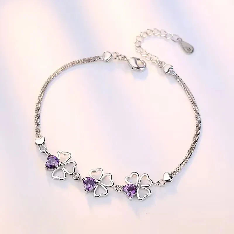 Bracelet with 4-Leaf Clovers with Purple Zircon