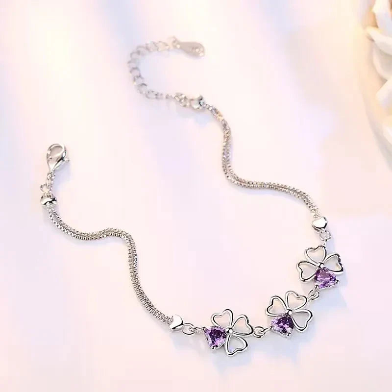 Bracelet with 4-Leaf Clovers with Purple Zircon