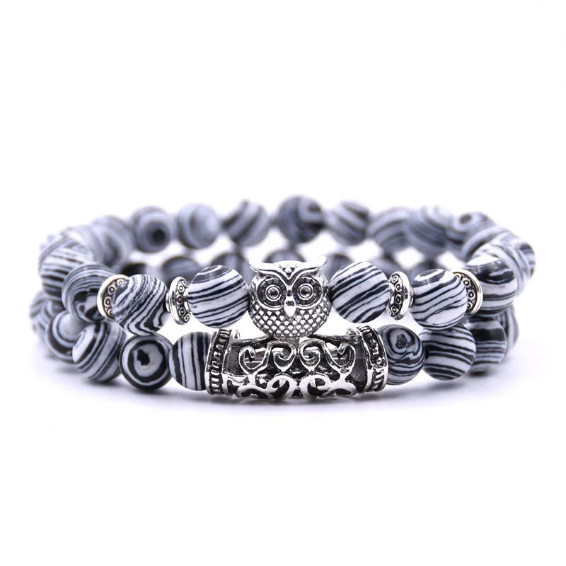 Owl Bracelet - Owl Chain White and Black Beads