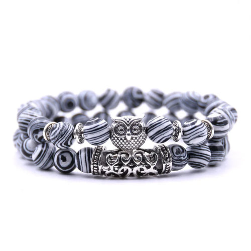 Owl Bracelet - Owl Chain White and Black Beads