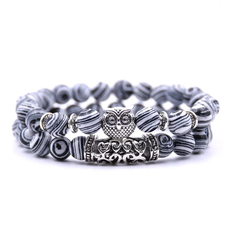 Owl Bracelet - Owl Chain White and Black Beads