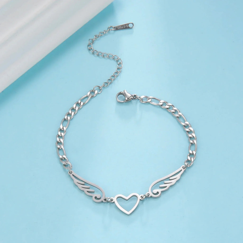 Silver heart and angel wings bracelet