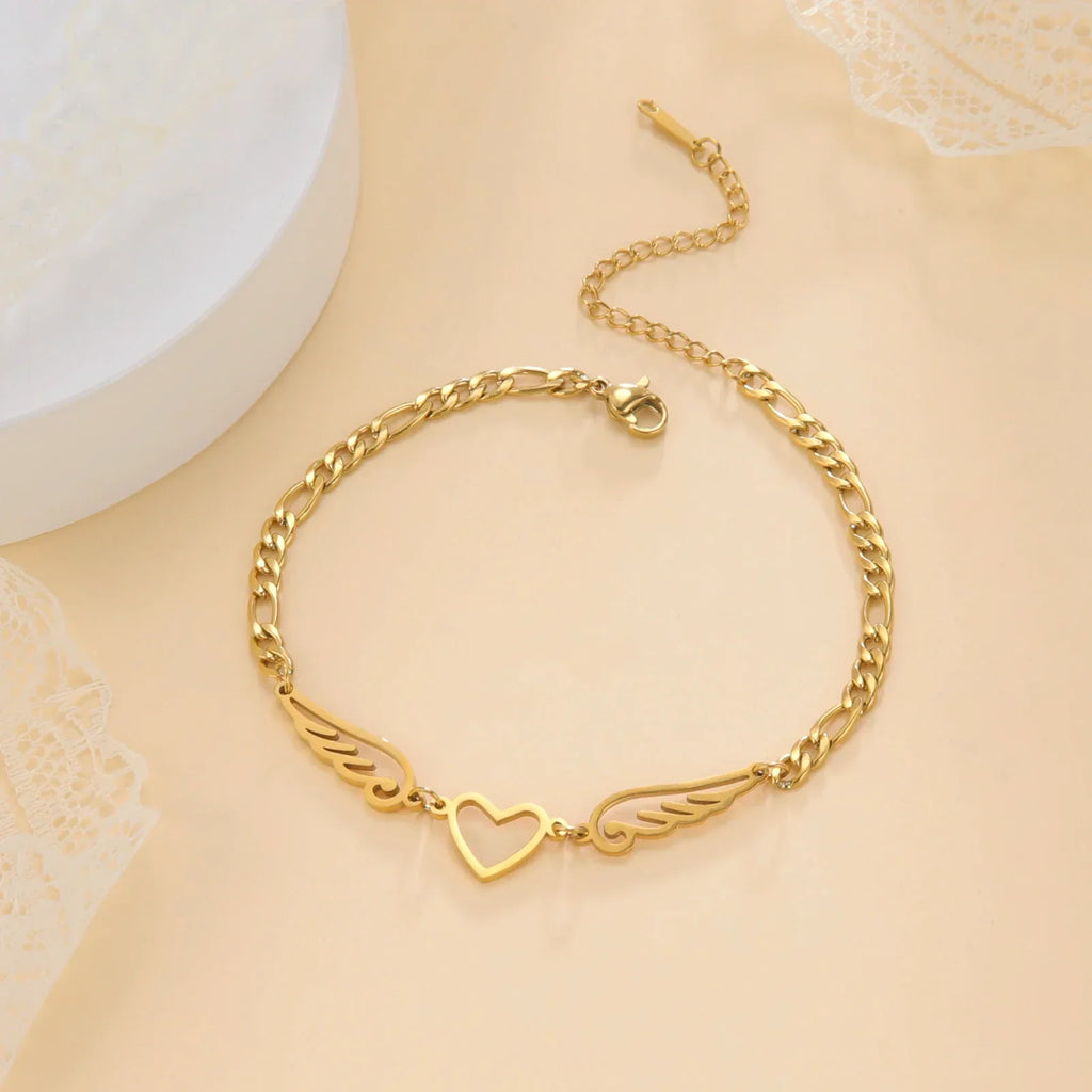 Gold heart and angel wings bracelet