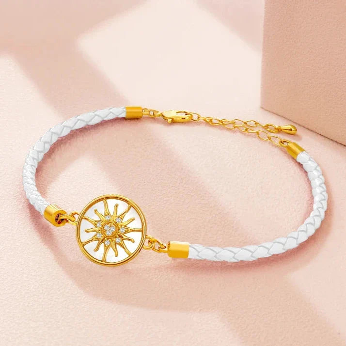 Leather Compass Bracelet White Gold Wind Rose Compass