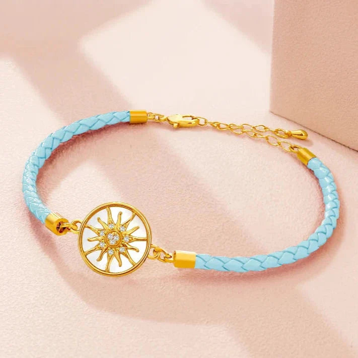 Leather Compass Bracelet Sky Blue Gold Wind Rose Compass