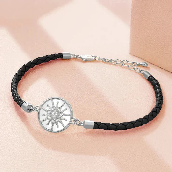 Leather Compass Bracelet Black Silver Wind Rose Compass