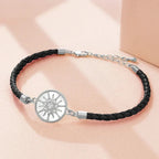 Leather Compass Bracelet Black Silver Wind Rose Compass