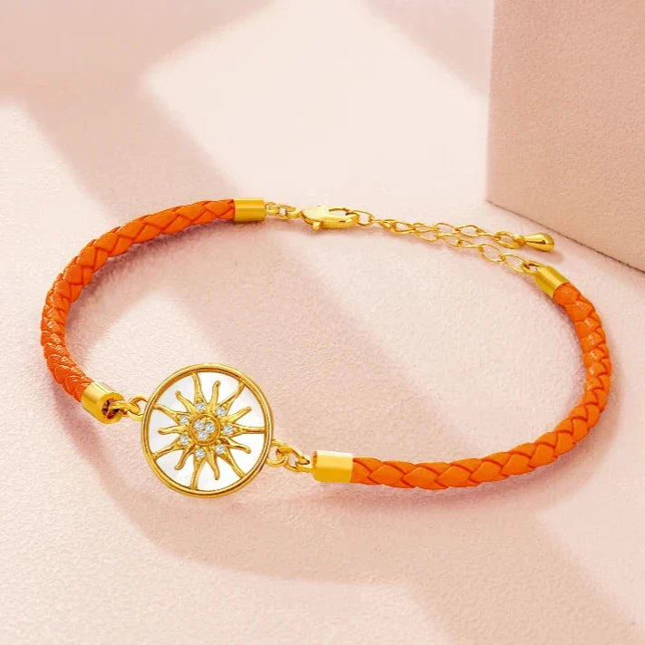 Leather Compass Bracelet Orange Gold Wind Rose Compass