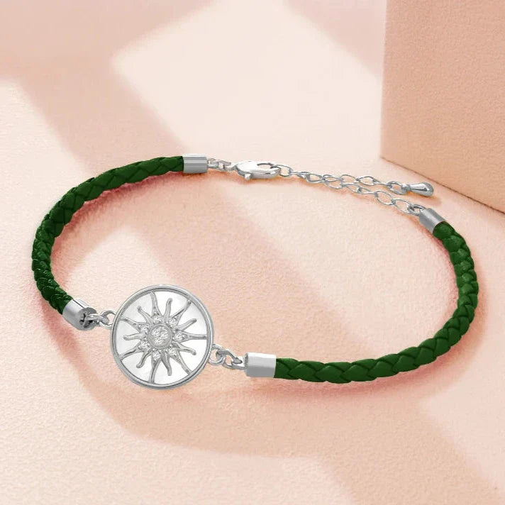 Leather Compass Bracelet Dark Green Silver Wind Rose Compass