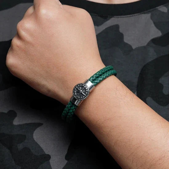 Men's Compass Leather Bracelet Green Rose of the Winds Compass