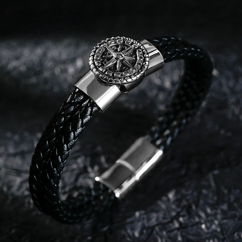 Men's Compass Leather Bracelet Black Rose of the Winds Compass