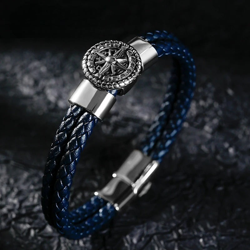 Men's Compass Leather Bracelet Blue Rose of the Winds Compass