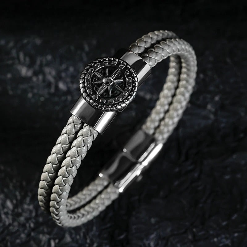 Men's Compass Leather Bracelet Gray Rose of the Winds Compass
