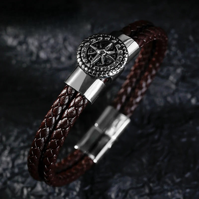 Men's Compass Leather Bracelet Brown Rose of the Winds Compass
