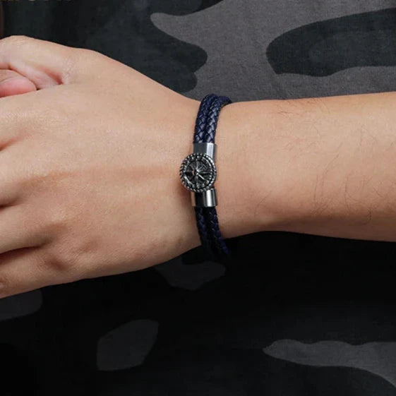 Men's Compass Leather Bracelet Black Rose of the Winds Compass