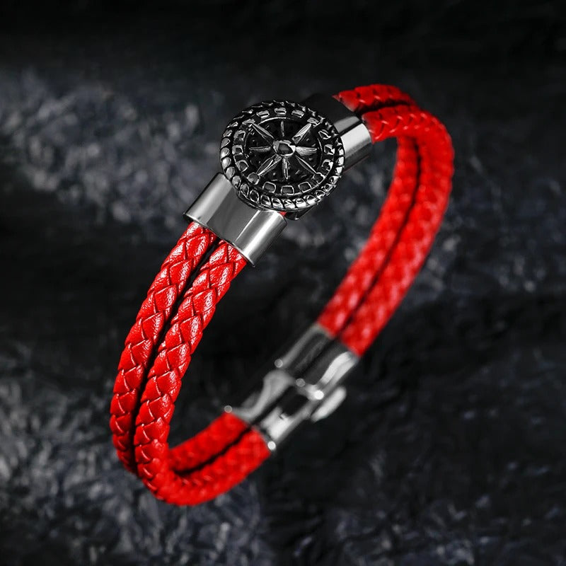 Men's Compass Leather Bracelet Red Rose of the Winds Compass